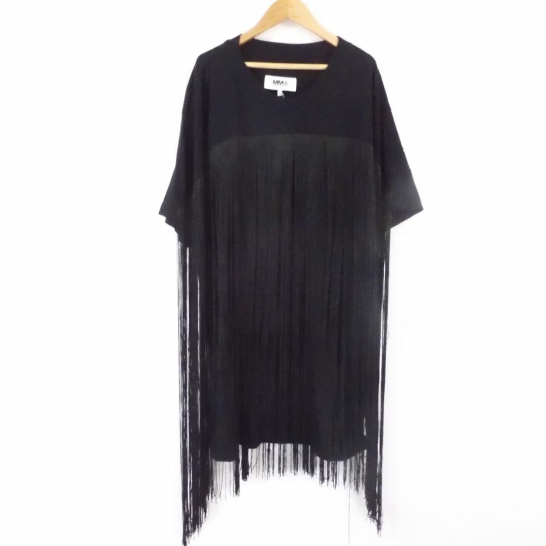 美品 MM6 Maison Margiela エムエムシックス S32GC0489 フリンジTシャツ ブラック M コットン100％ ロング丈 クルーネック レディース AY4355W3