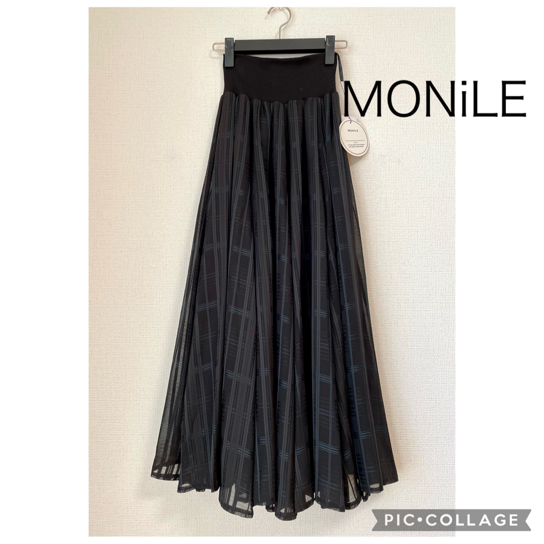 【新品】MONiLE モニーレ ウエストリブフレアスカ－ト チェック ブラック