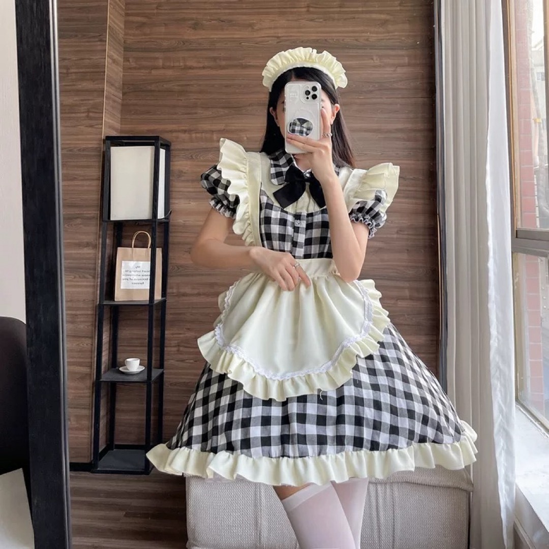 新品 未使用 メイド服 黒 チェック l メイド かわいい ハロウィン コスプレ