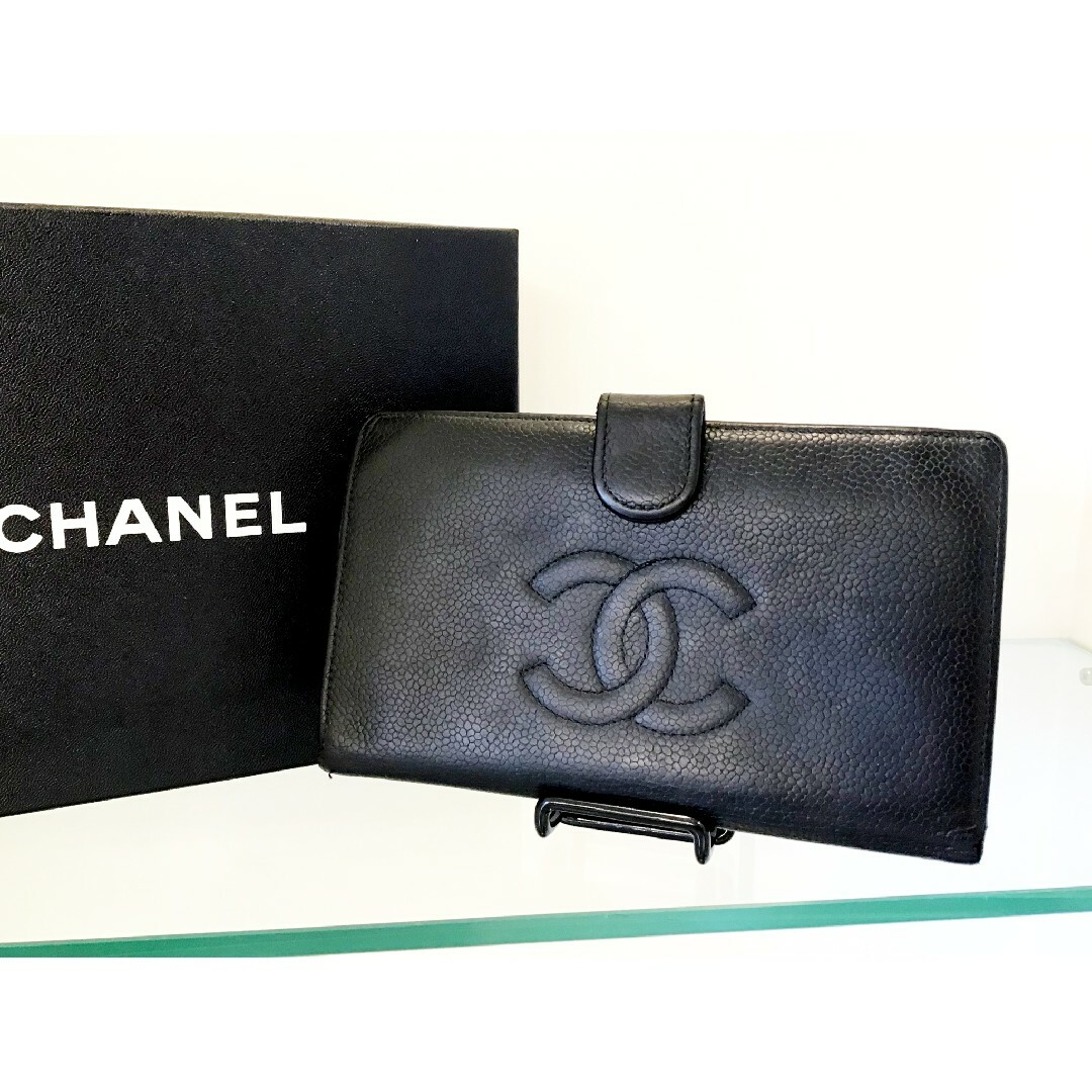 CHANEL - 【良品】シャネル キャビアスキン ココマーク がま口 長財布