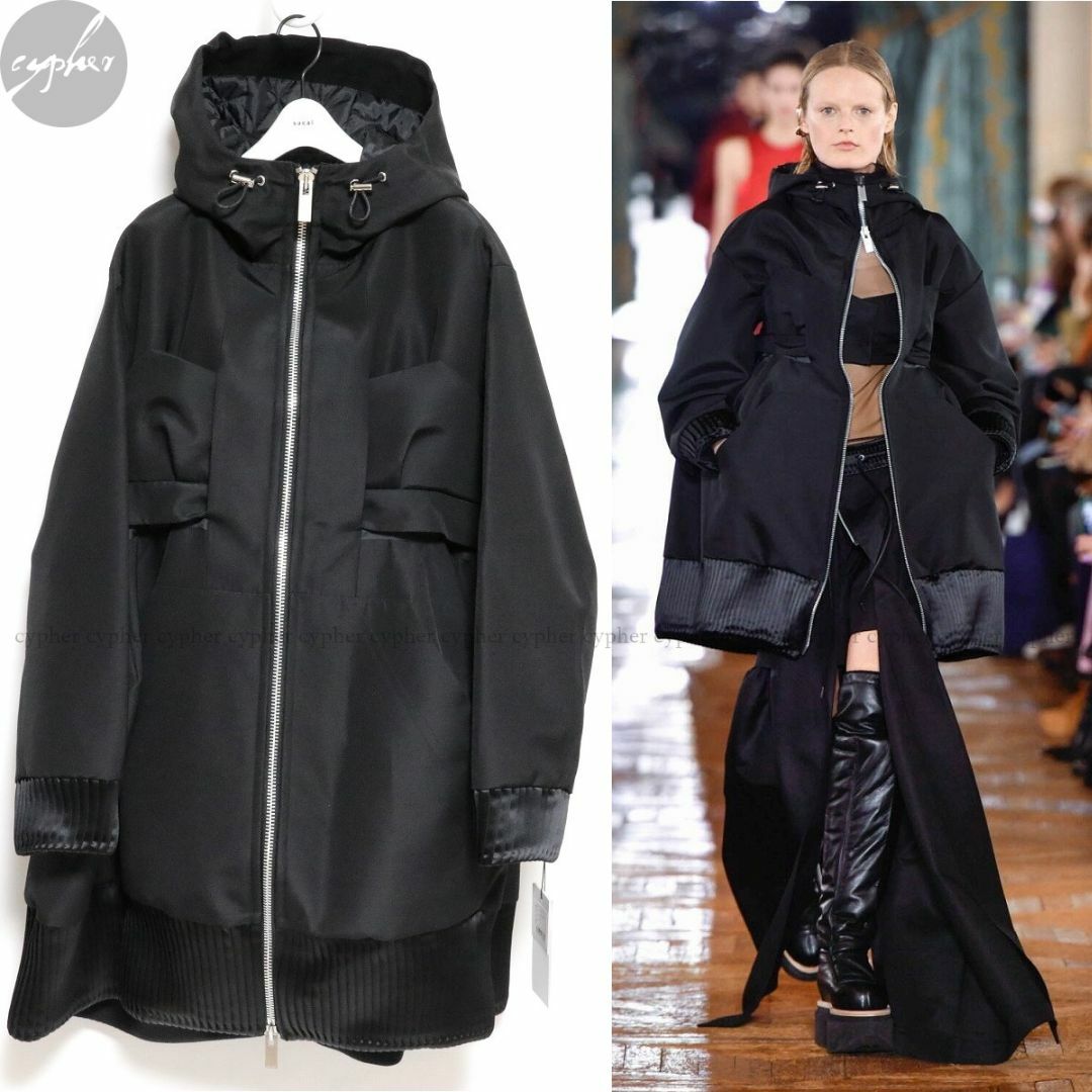 3 新品 22AW sacai シルク ウール フーディ コート パーカー 黒
