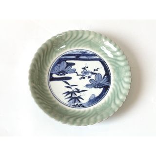 骨董 アンティーク 深川製 青磁色絵 片身替 鳳凰団龍 深鉢 輪花鉢 - 工芸品