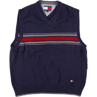 トミーヒルフィガー(TOMMY HILFIGER)の古着 90年代 トミーヒルフィガー TOMMY HILFIGER ボーダー柄 Vネック コットンニットベスト メンズL ヴィンテージ /eaa374951(ベスト)