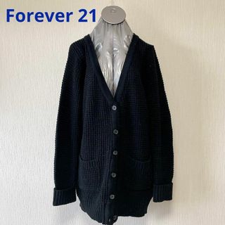 フォーエバートゥエンティーワン(FOREVER 21)のforever21 黒 ロング丈ニットカーディガン 肘当てデザイン(カーディガン)