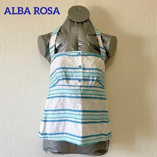 アルバローザ(ALBA ROSA)のALBA ROSA 白地 水色ボーダー ホルダーネック トップス チュニック(チュニック)