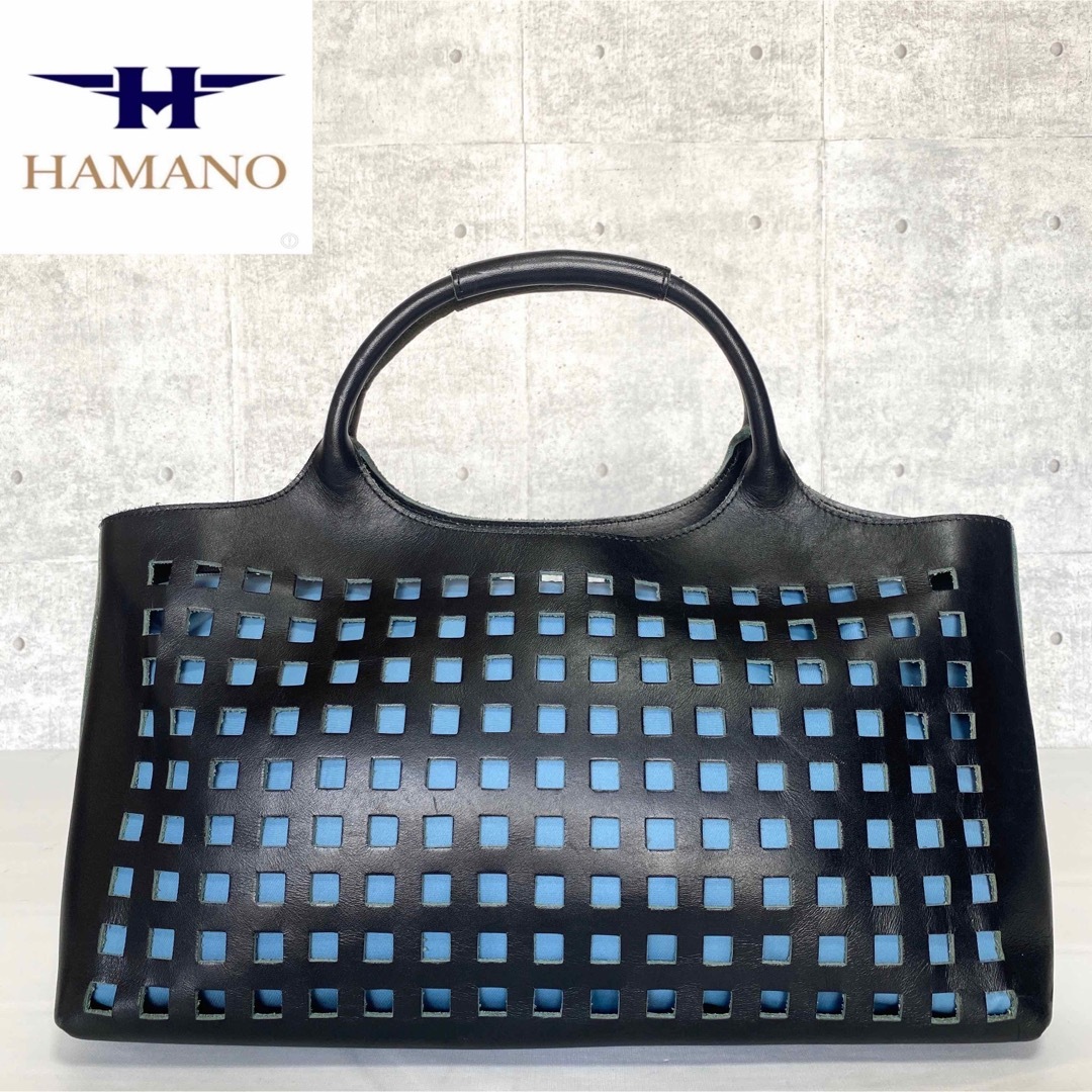 【良品】HAMANO 濱野皮革工藝 パンチング ブラック レザー ハンドバッグ