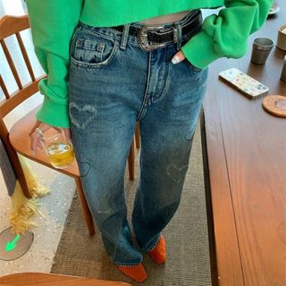 LUOLUOJUANJIE ハート ラインストーン ダメージ ワイドデニム(デニム/ジーンズ)