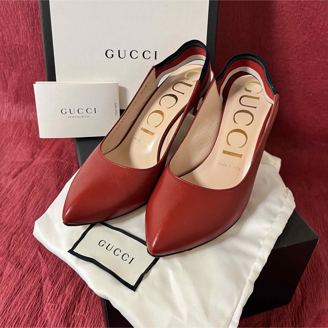 Gucci(グッチ)のGUCCI Sylvie Web Slingred レッド レザーパンプス レディースの靴/シューズ(ハイヒール/パンプス)の商品写真