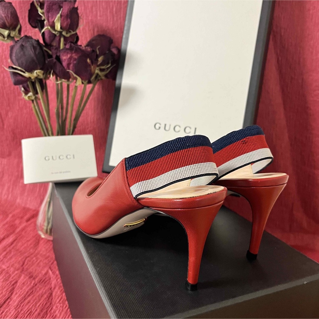 Gucci(グッチ)のGUCCI Sylvie Web Slingred レッド レザーパンプス レディースの靴/シューズ(ハイヒール/パンプス)の商品写真