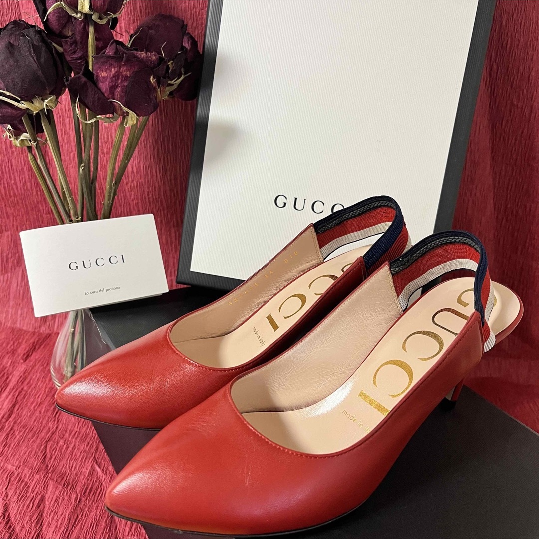 Gucci(グッチ)のGUCCI Sylvie Web Slingred レッド レザーパンプス レディースの靴/シューズ(ハイヒール/パンプス)の商品写真