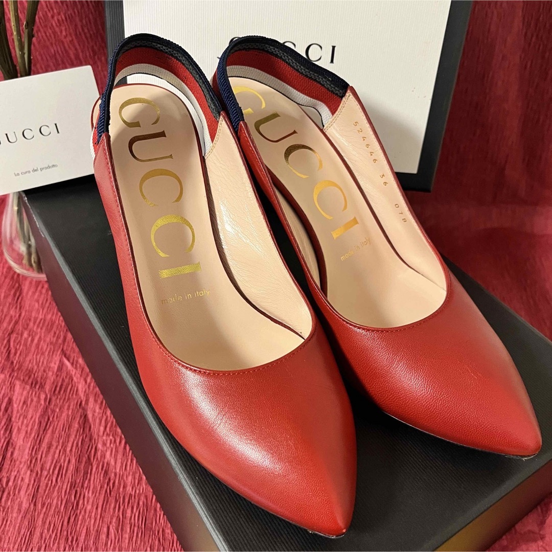 Gucci(グッチ)のGUCCI Sylvie Web Slingred レッド レザーパンプス レディースの靴/シューズ(ハイヒール/パンプス)の商品写真