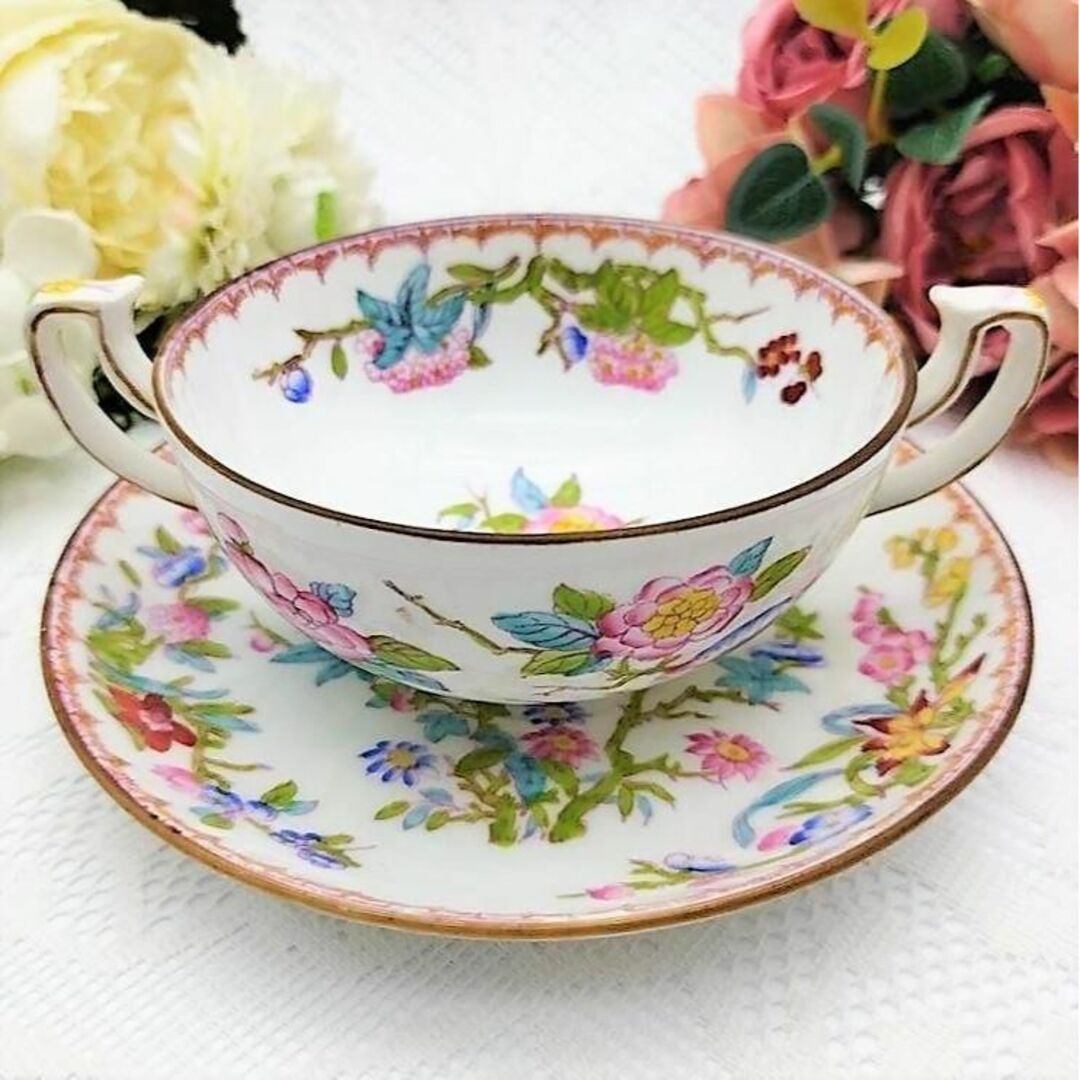 美品 希少 オールドミントン 花鳥図 スープカップ&ソーサーB 英国