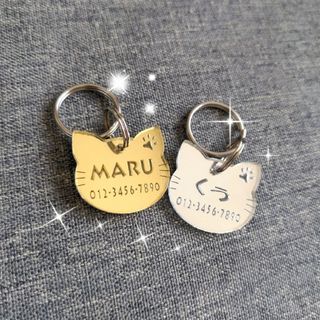 猫型迷子札^._.^軽量アクリル ミラープレート  ペット用ネームタグ(猫)