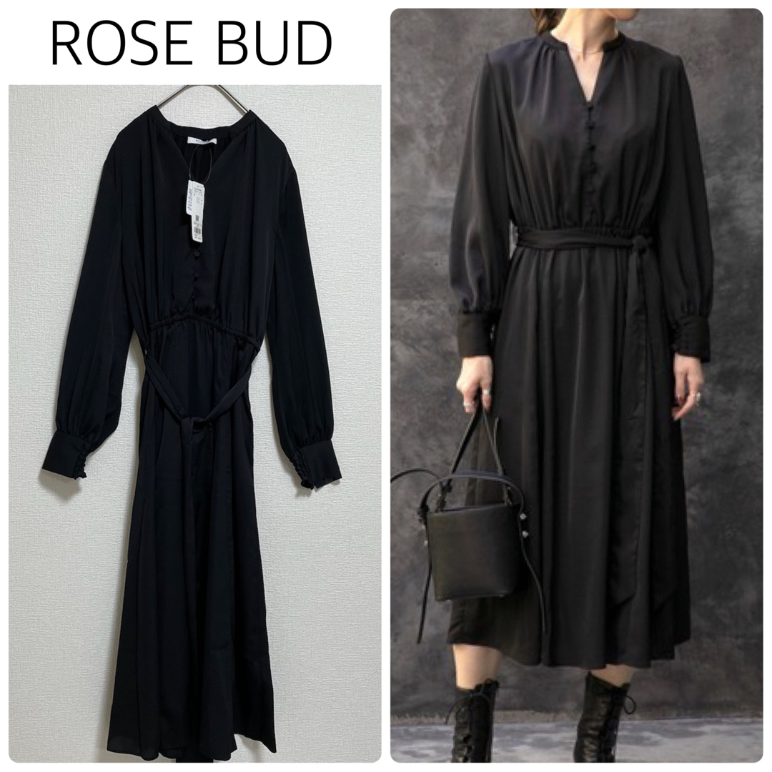 ROSE BUD - 【新品タグ付】ROSE BUDリボン付フレアワンピース 黒