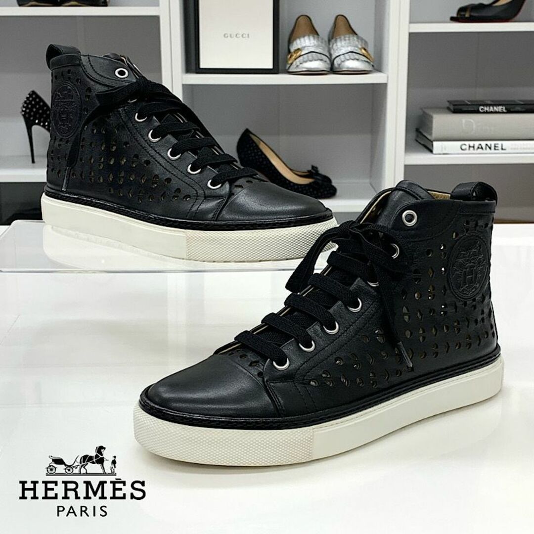 Hermes(エルメス)の6820 エルメス ジミー レザー パンチング ハイカットスニーカー ブラック レディースの靴/シューズ(スニーカー)の商品写真