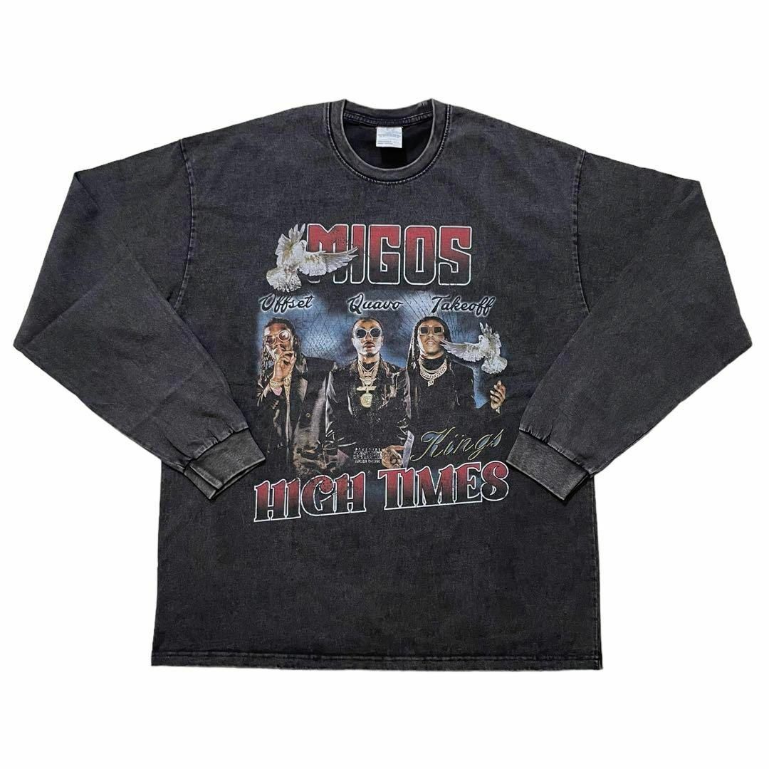 Migos ミーゴス ヴィンテージ加工 ラップ Tシャツ ロンT ブラック XL Tシャツ/カットソー(七分/長袖)