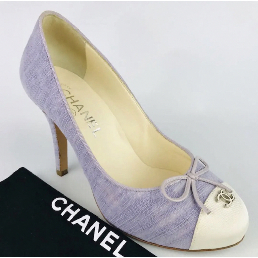 良品★CHANEL・レザー切替 メタルココマークリボン パンプス(361/2)オシャレ