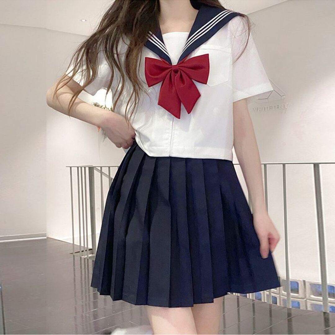 セーラー服 半袖 コスプレ JK制服 前開き 白地 紺襟 可愛い 3点セット
