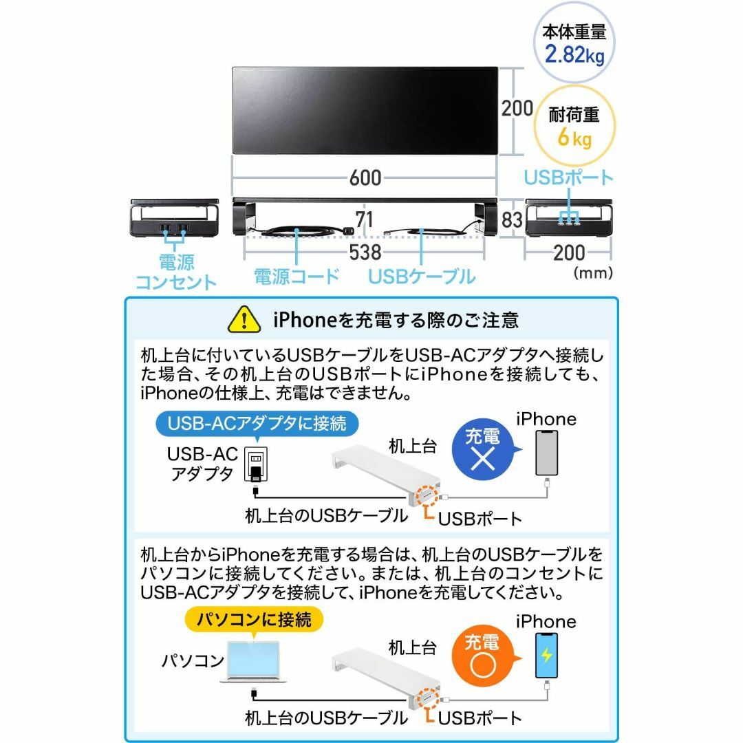 【色: ホワイト】サンワダイレクト モニター台 USBハブ3ポート+電源タップ2 1