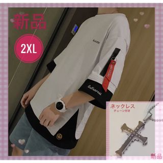 半袖Tシャツ　中袖　ネックレス付　白　2XL　重ね着　韓国　オシャレ　十字架　黒(Tシャツ/カットソー(半袖/袖なし))