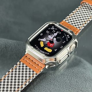 アップルウォッチ(Apple Watch)のアップルウォッチ用　クロームシルバーケース　チェックレザーベルト(レザーベルト)