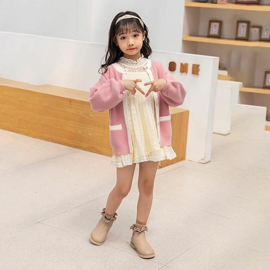 17cm|ベージュ〔フリルリブニットショートブーツ〕キッズ子供靴