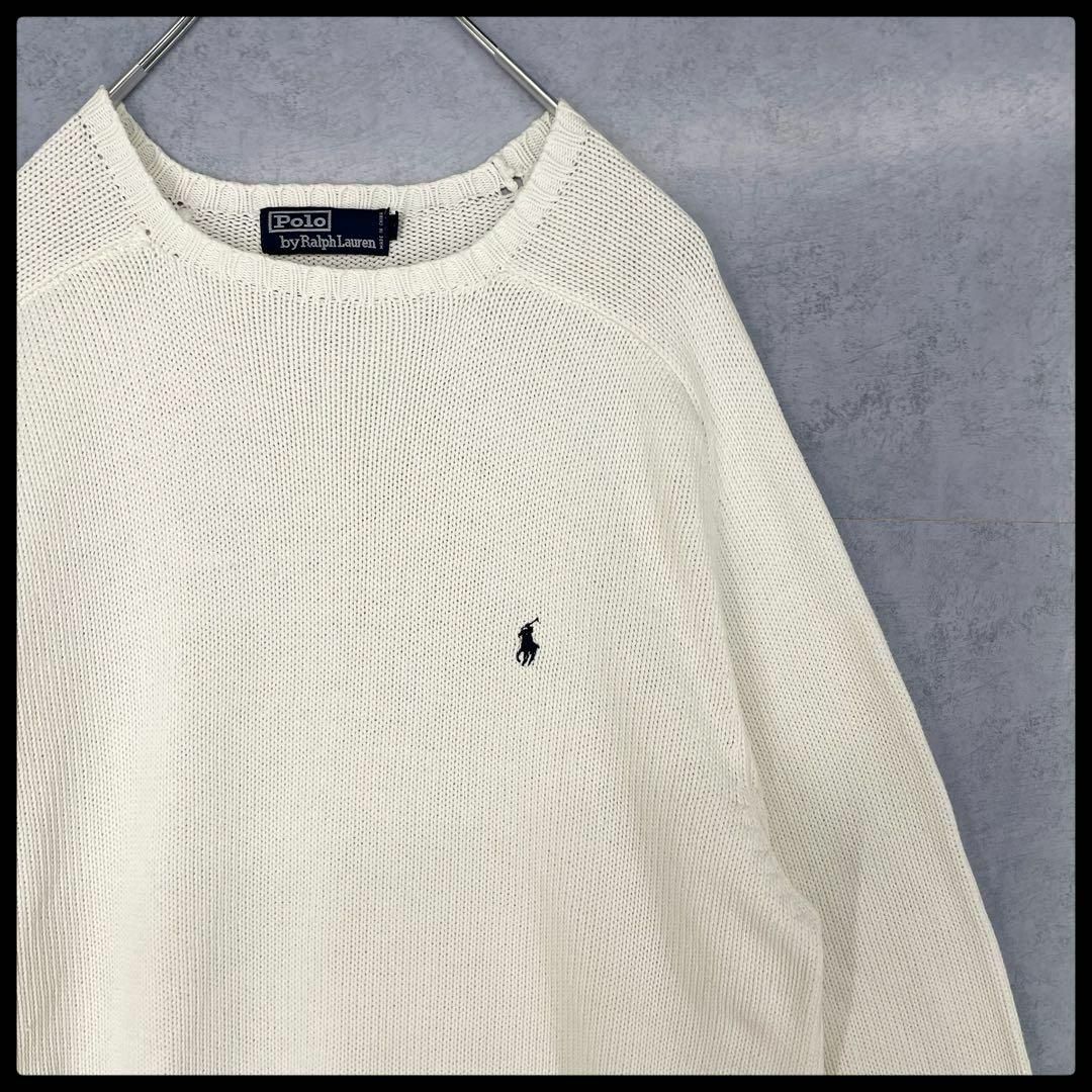 POLO RALPH LAUREN(ポロラルフローレン)のポロラルフローレン　90s　紺ポニー　ロゴ刺繍　コットンニット　ホワイト メンズのトップス(ニット/セーター)の商品写真