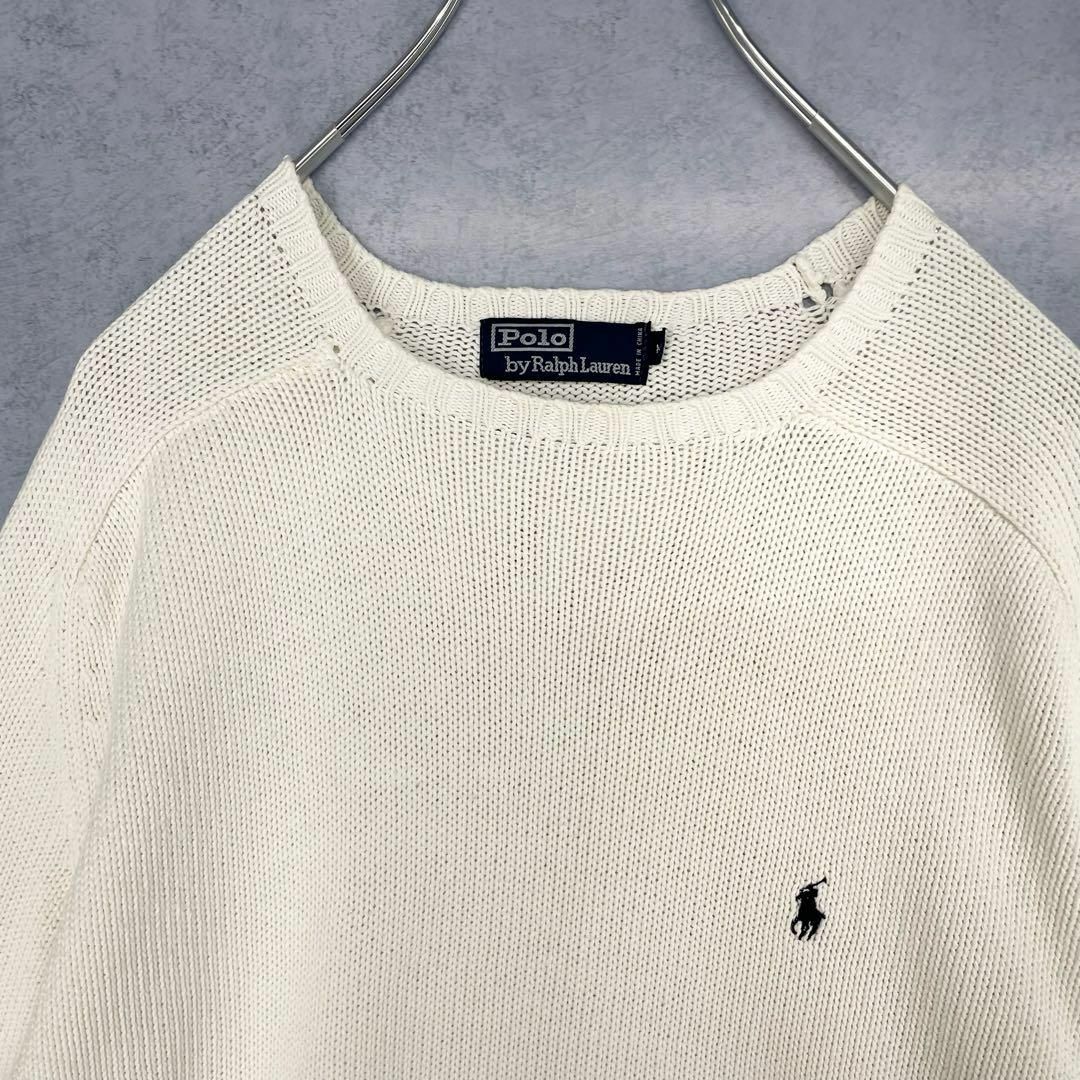 POLO RALPH LAUREN(ポロラルフローレン)のポロラルフローレン　90s　紺ポニー　ロゴ刺繍　コットンニット　ホワイト メンズのトップス(ニット/セーター)の商品写真