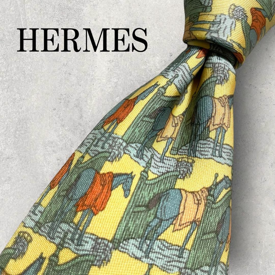 美品 HERMES エルメス 馬 馬具 アニマル柄 ネクタイ イエロー 黄