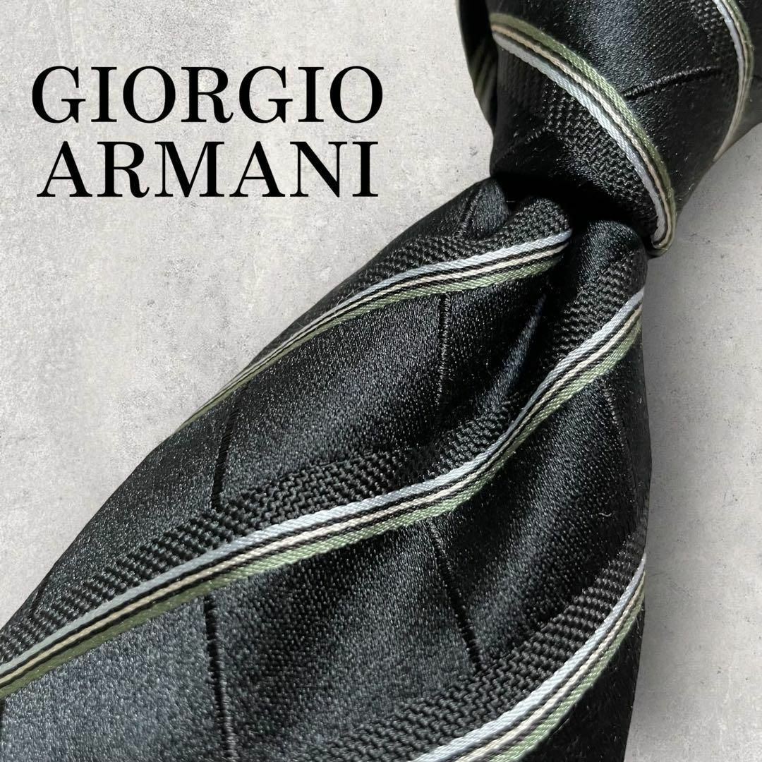美品 GIORGIO ARMANI ストライプ ネクタイ ブラック 黒 光沢