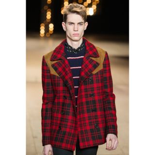 サンローラン(Saint Laurent)の14AW サンローランパリ スエード切替 チェック柄 Pコート 44(ピーコート)