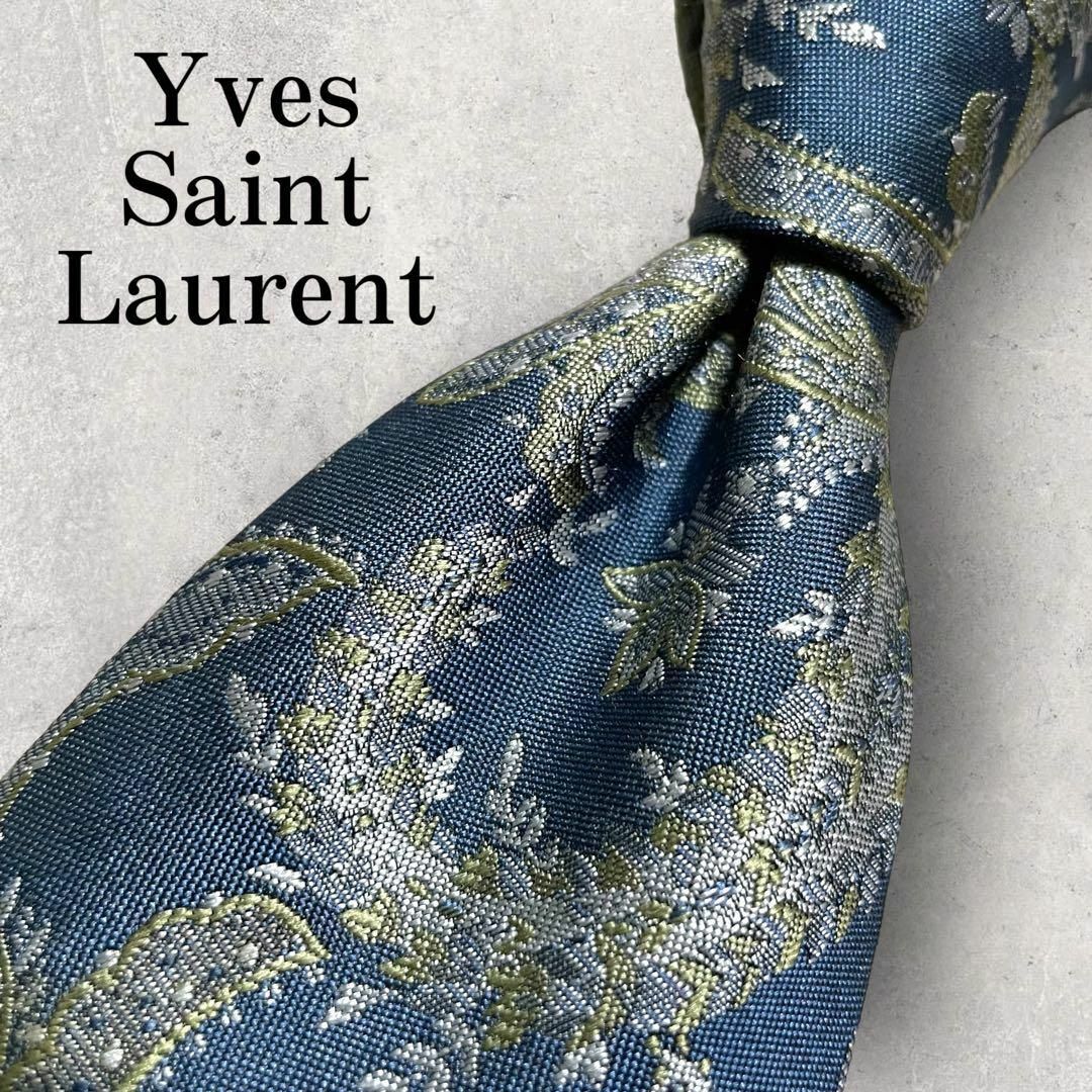 美品 Yves Saint Laurent ペイズリー柄 ネクタイ ネイビー 紺