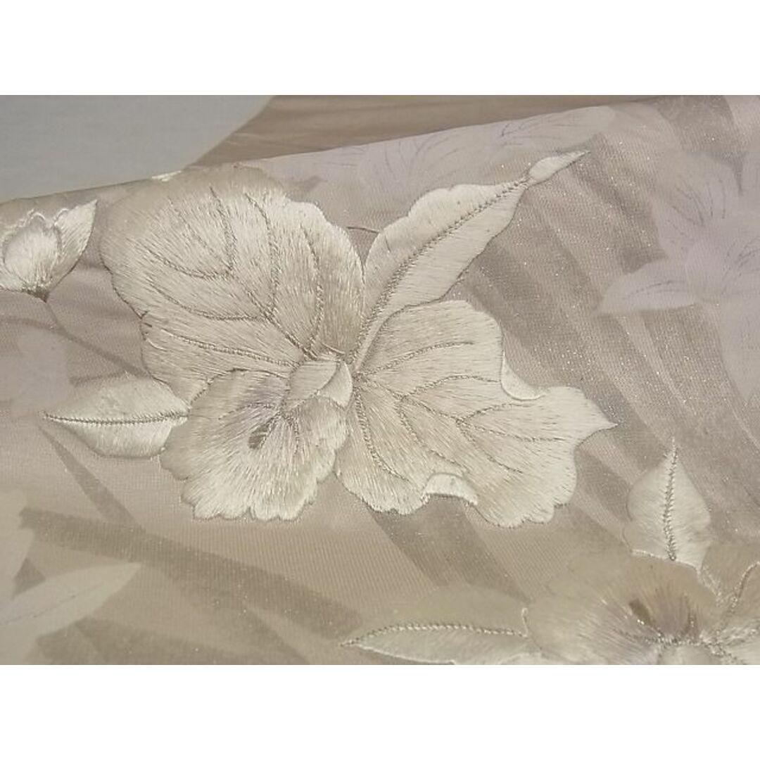 平和屋-こころ店■太鼓柄袋帯 手描き 刺繍 草花文 銀糸 正絹 逸品 A-pf5222