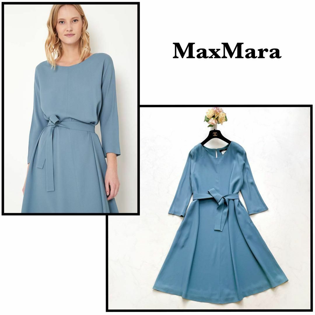 【MaxMara】上品デザイン＊フレアワンピース　Aライン　七分袖　とろみ素材