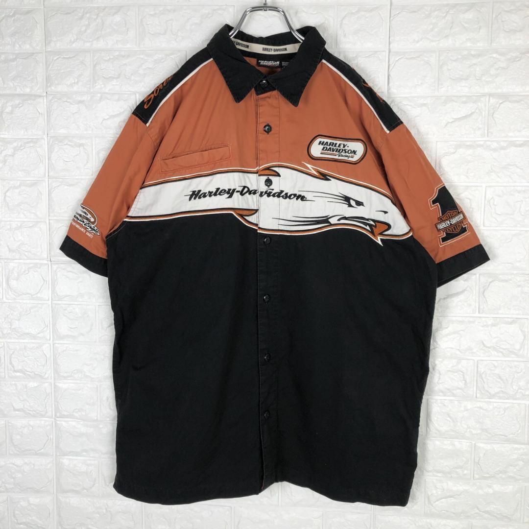 Harley Davidson(ハーレーダビッドソン)のハーレーダビッドソン両面刺繍デカロゴ半袖ワークシャツ超ゆるだぼマルチカラー3XL メンズのトップス(シャツ)の商品写真