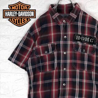 ハーレーダビッドソン(Harley Davidson)のハーレーダビッドソン アメカジ 半袖チェックシャツ 刺繍ロゴ ドクロ 綿100%(シャツ)