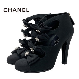 シャネル(CHANEL)のシャネル CHANEL ブーティ パンプス 靴 シューズ ココマーク リボン スター ラインストーン ファブリック ブラック 黒(ブーティ)