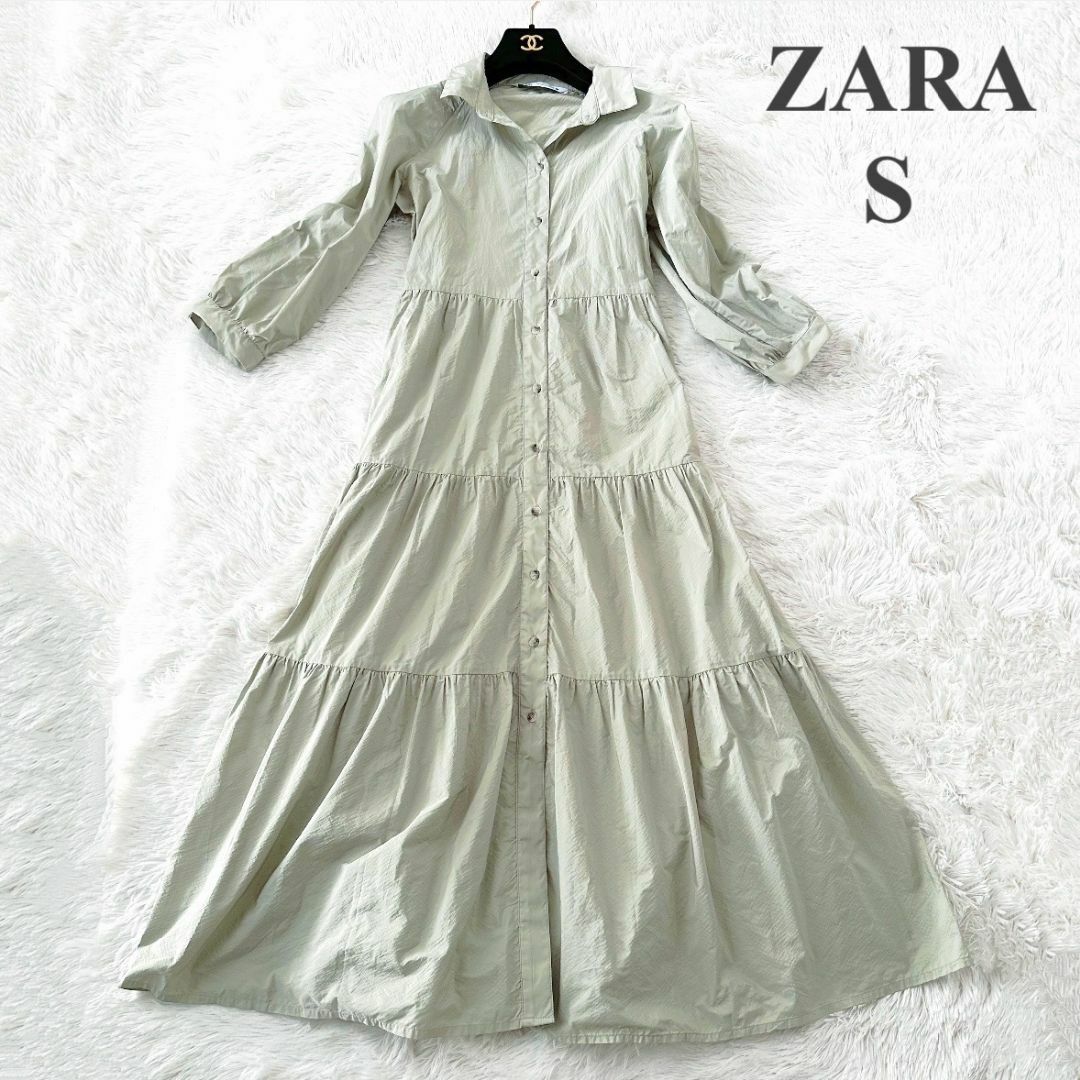 ZARA(ザラ)のZARA シワ加工 ロング シャツワンピース グリーン S レディースのワンピース(ロングワンピース/マキシワンピース)の商品写真
