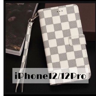 チェック柄 手帳型 iPhoneケース iPhone12/12Pro ホワイト(iPhoneケース)