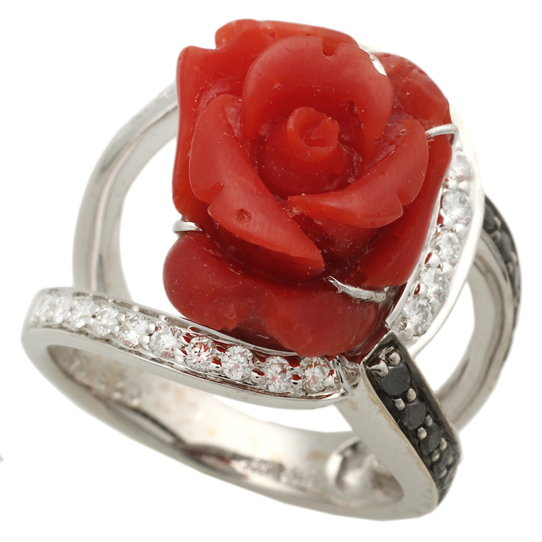 本物保証】 鑑付 新品同様 リング K18WG 天然サンゴ メレダイヤ0.45ct