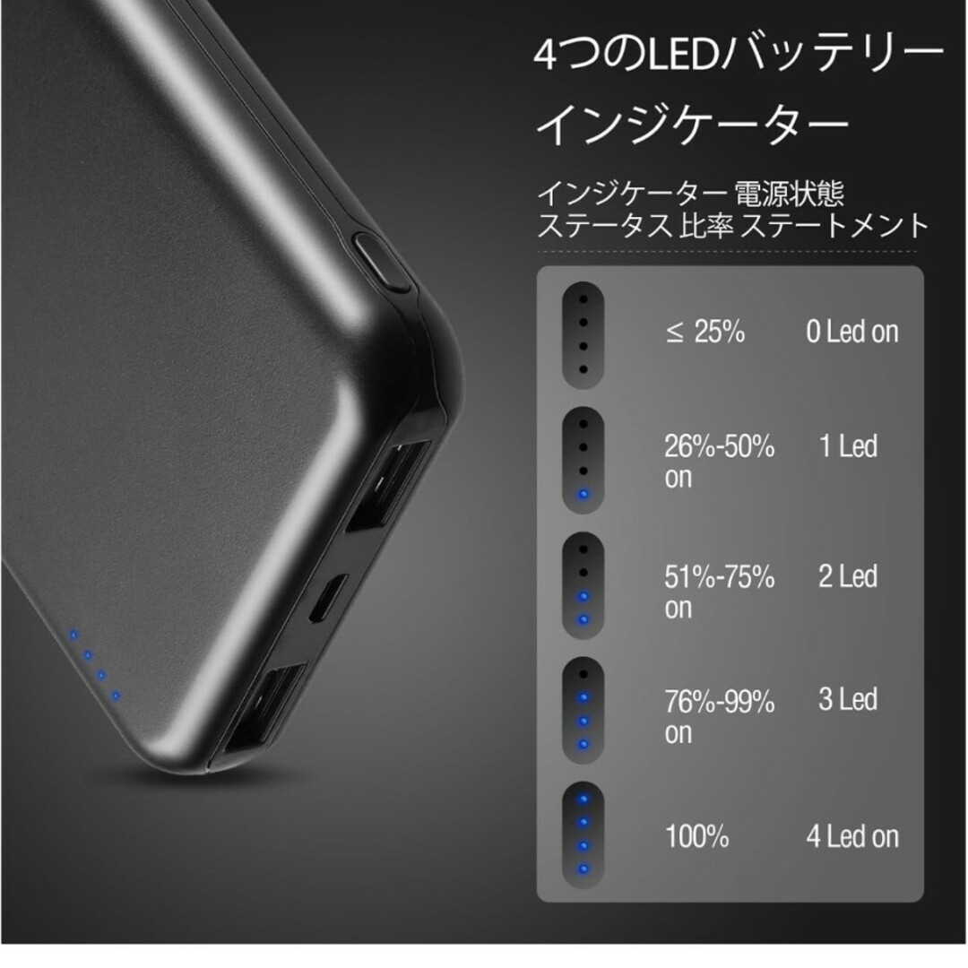 モバイルバッテリー 10000mAh Type-C　USB　大容量　急速充電　黒 スマホ/家電/カメラのスマートフォン/携帯電話(バッテリー/充電器)の商品写真