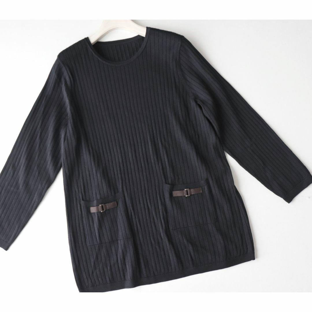 新品【レリアン】ポケット付き チュニック丈 セーター ニット 黒 13+ 5
