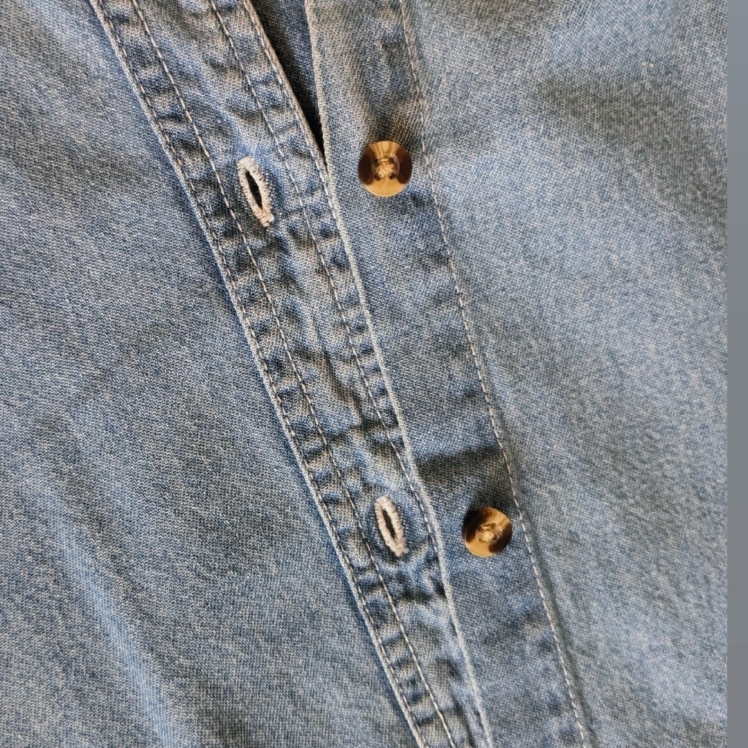 デニム シャツ（ショート丈） ノーカラー ゆったりMサイズ レディースのトップス(シャツ/ブラウス(長袖/七分))の商品写真