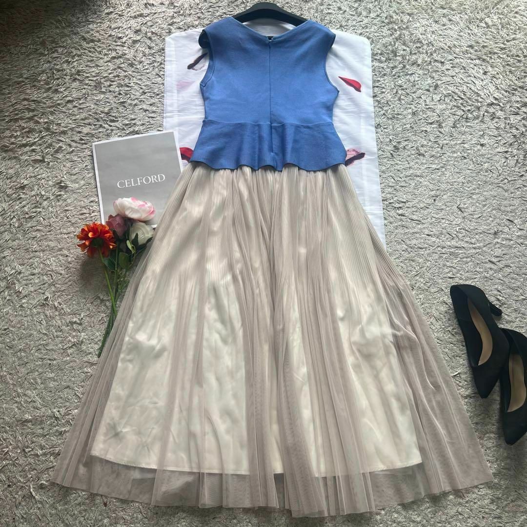 美品】CELFORD ドッキングロングワンピース ノースリーブ 36 ブルー-