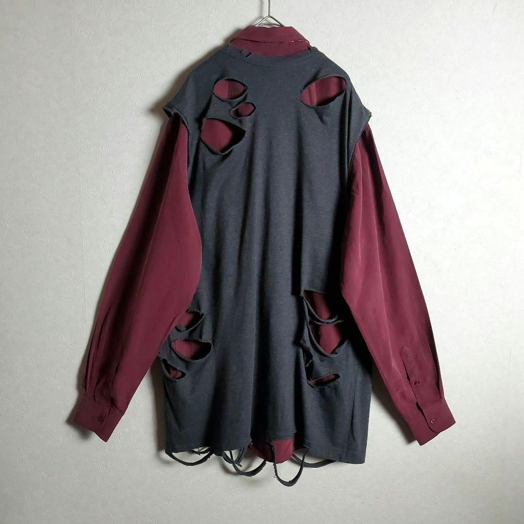 ネクタイシャツ×ボロベスト ボルドー リメイク ダメージ加工 柄