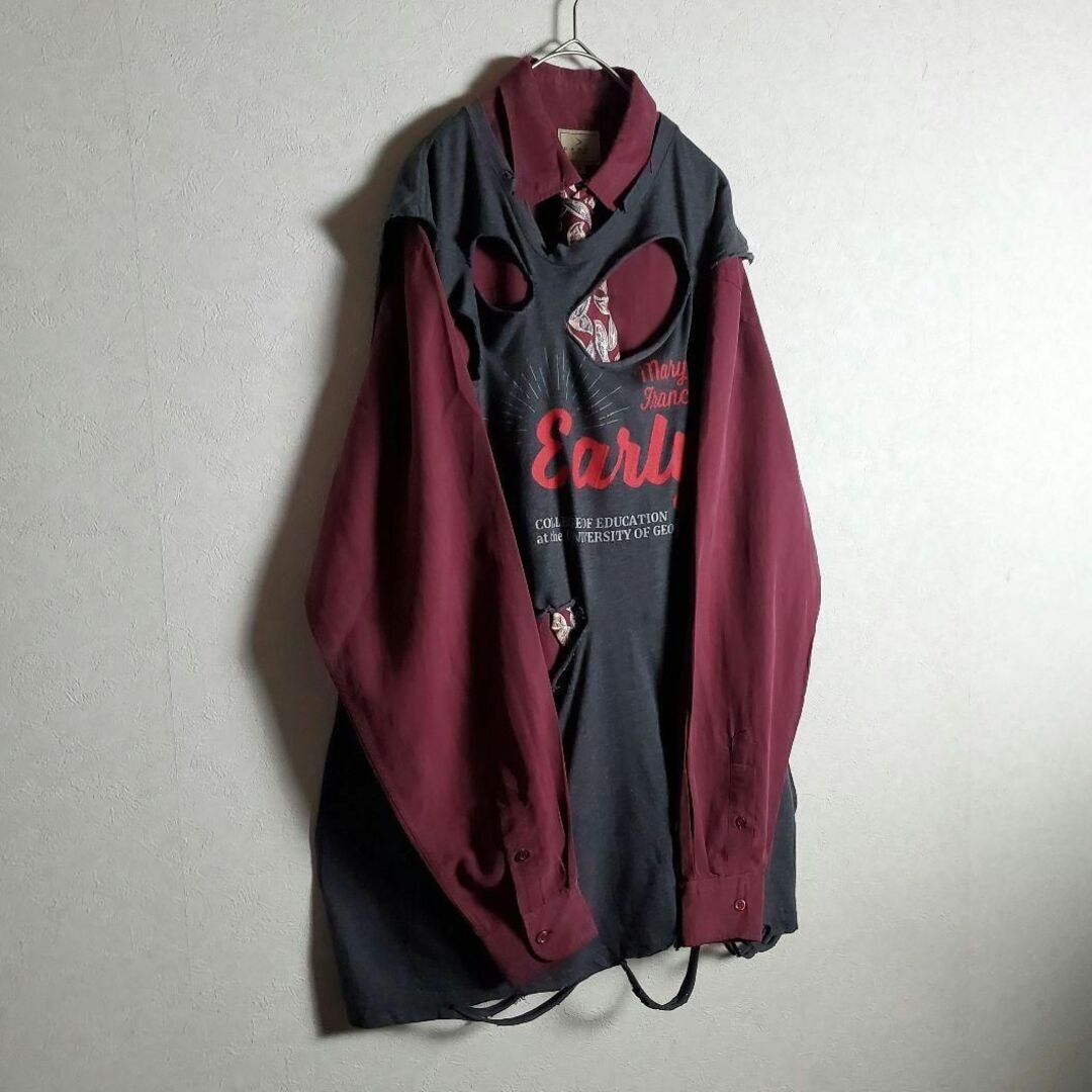 ネクタイシャツ×ボロベスト ボルドー リメイク ダメージ加工 柄