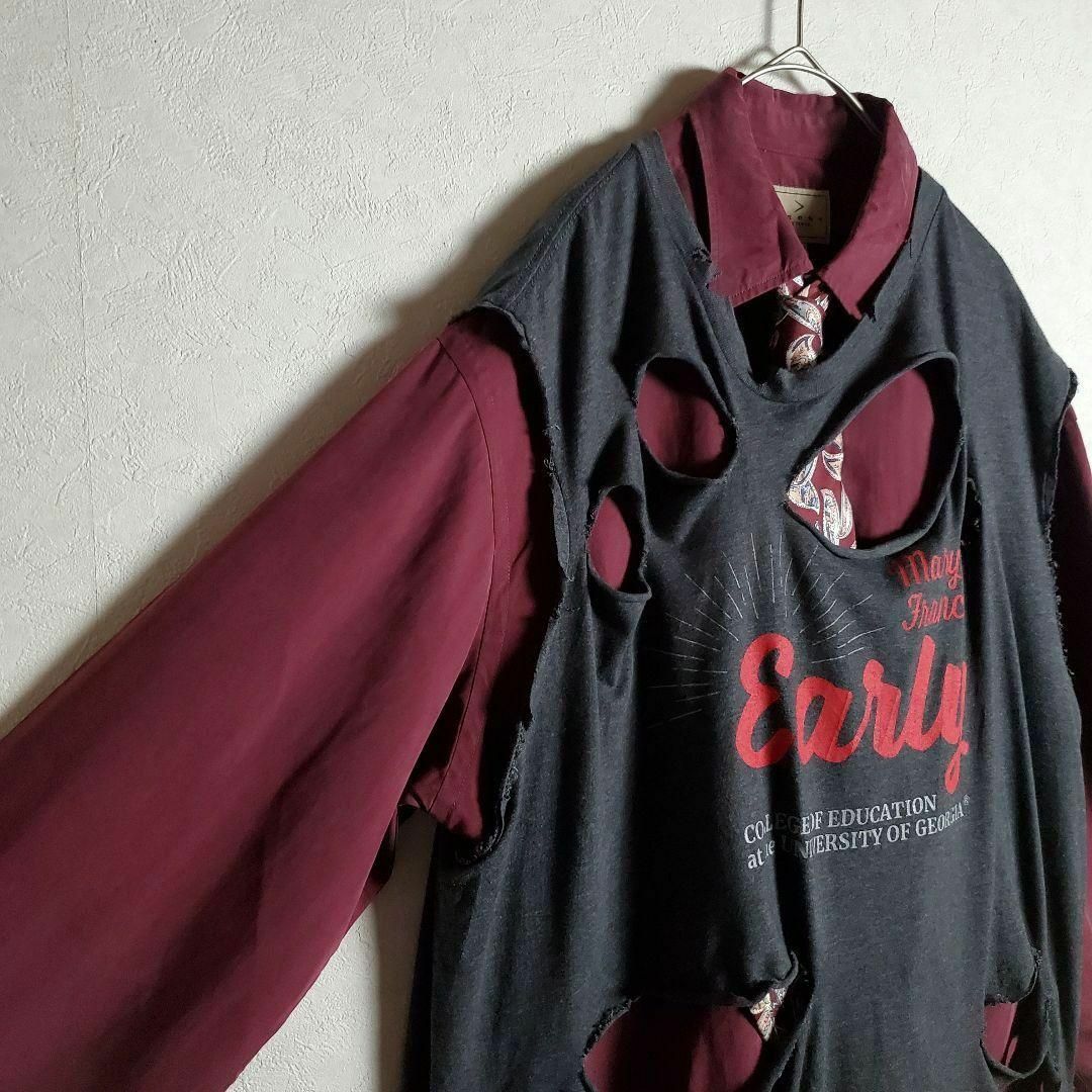 ネクタイシャツ×ボロベスト ボルドー リメイク ダメージ加工 柄