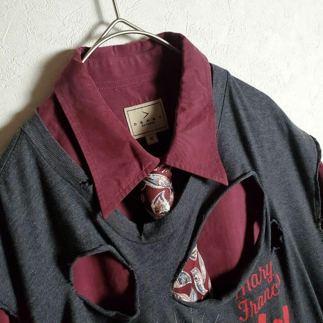 ネクタイシャツ×ボロベスト ボルドー リメイク ダメージ加工 柄