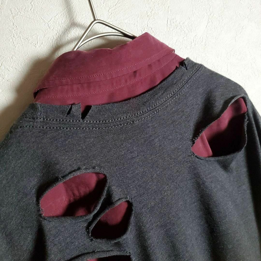 ネクタイシャツ×ボロベスト ボルドー リメイク ダメージ加工 柄
