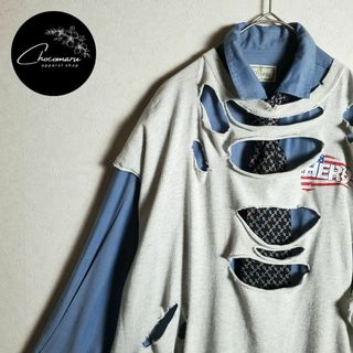 ネクタイシャツ×ボロベスト ブルー 青 リメイク ダメージ加工 柄ネクタイ 古着